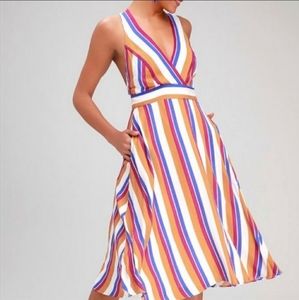 Lulu's My Passions White and Orange Multi Stripe Halter Midi Dress Size XS